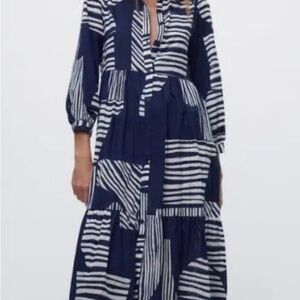 Sunday Up, size medium midi dress. Navy and White Striped.